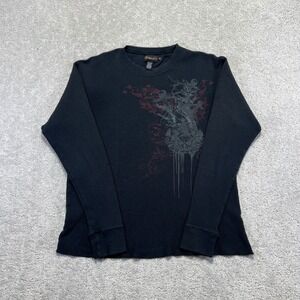 Y2k Split Thermal Shirt Kids XL Black Long Sleeve Waffle Knit Skull Grunge Skate